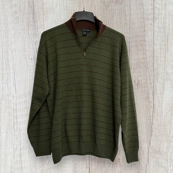 Bergdorf Goodman Wool Cashmere Quarter Zip Sweater Green Brown Striped L - Picture 2 of 5